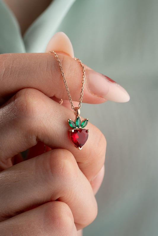 Red Zircon Stone Heart Strawberry Necklace