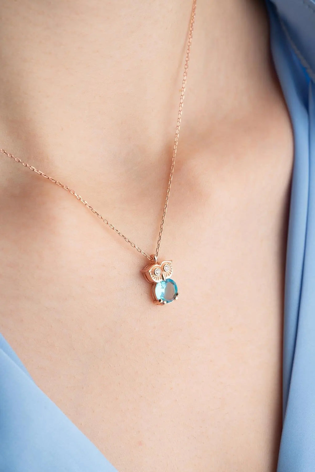 Aquamarine Stone Owl Necklace Sterla jewelry