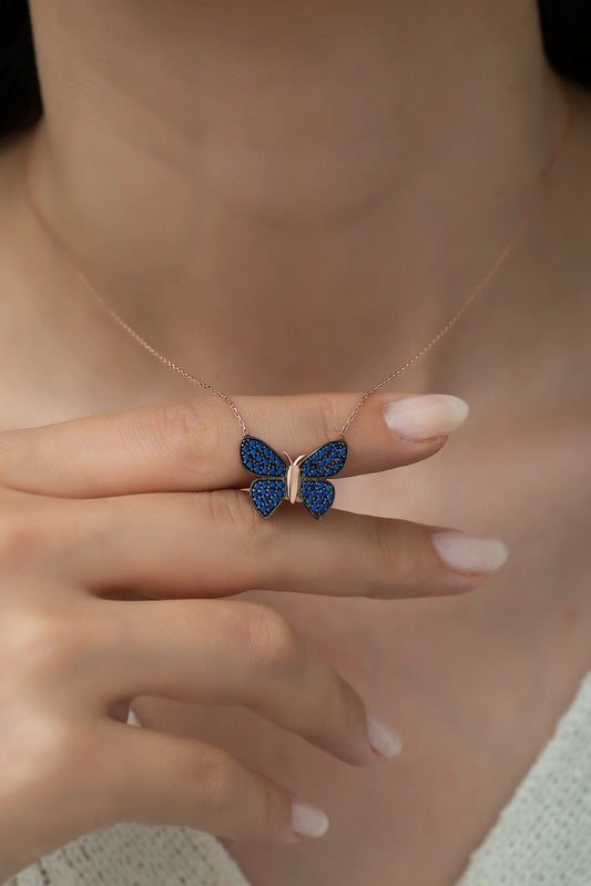 Butterfly Necklace with Navy Blue Stone