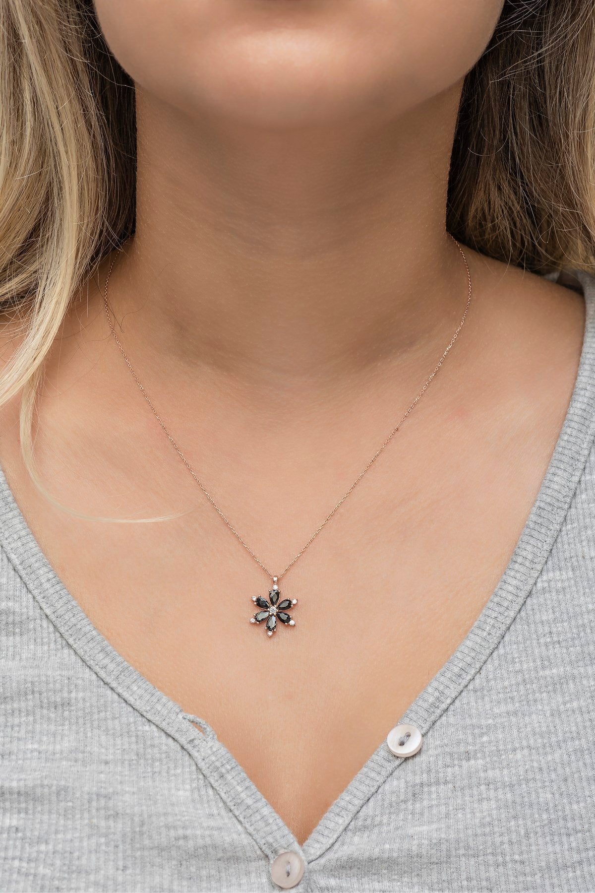 Black Floral Charm Necklace