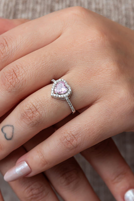 Pink Heart Rhodium plated Ring